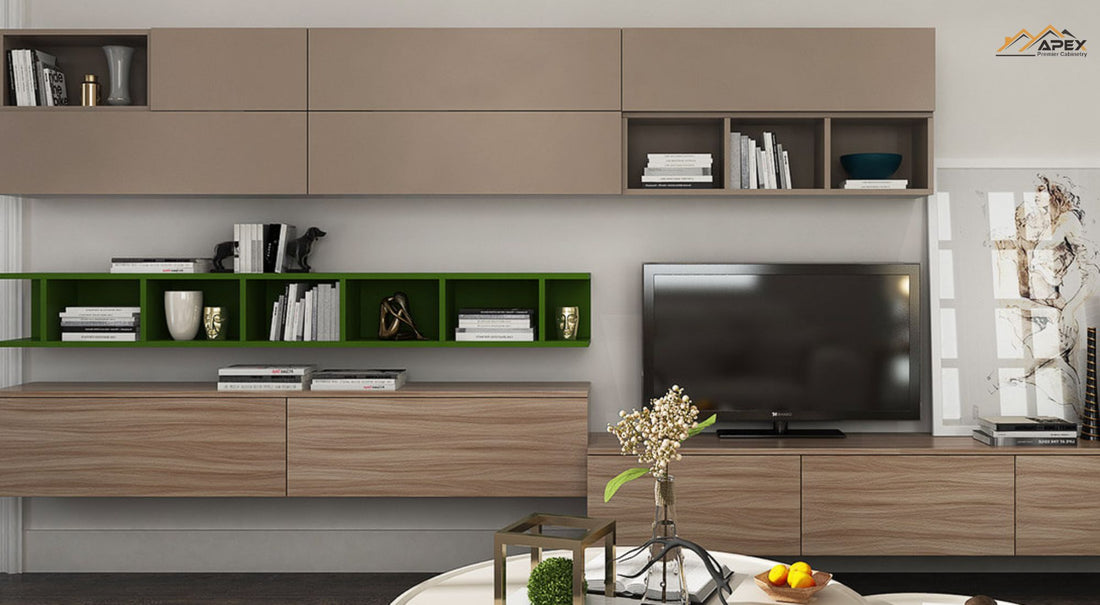 Thiết kế kệ tivi treo tường màu xám – xu hướng nội thất hiện đại